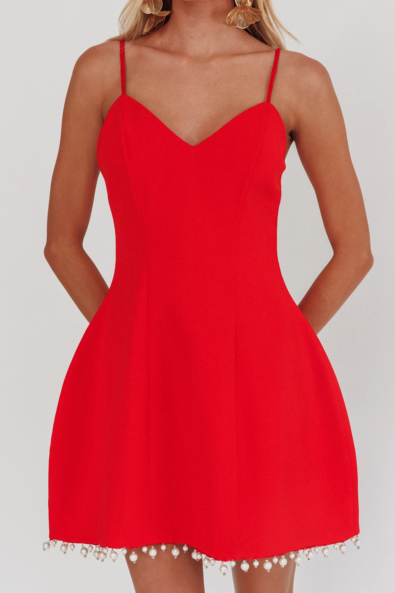 Besos Pearl Hem Mini Dress Red - Image 3