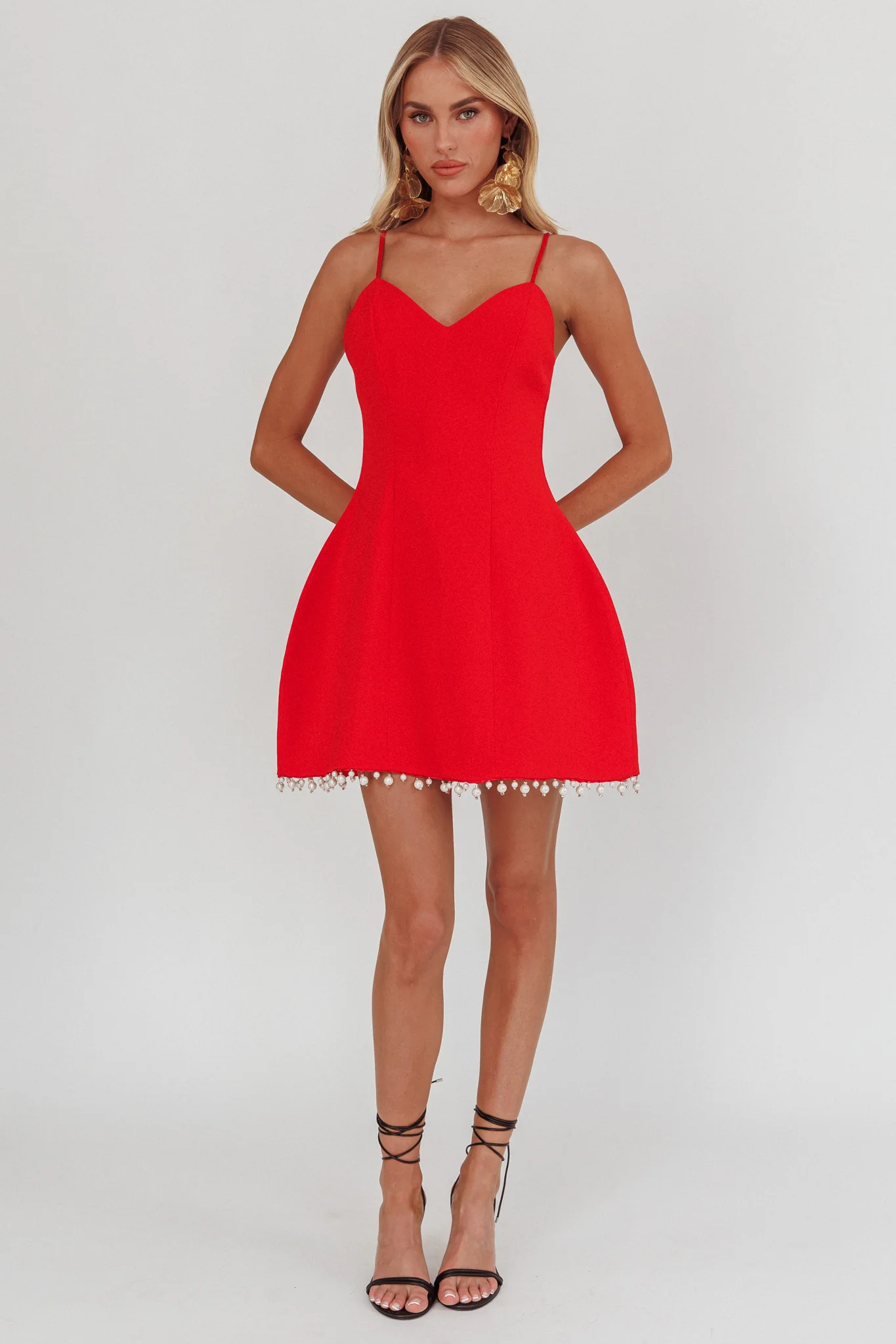 Besos Pearl Hem Mini Dress Red - Image 4