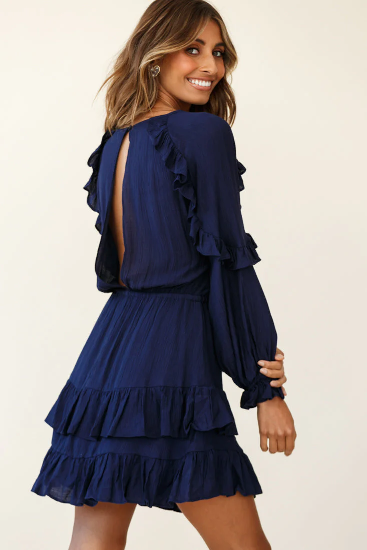 Best Wishes Long Sleeve Frill Detail Dress Navy - Image 2