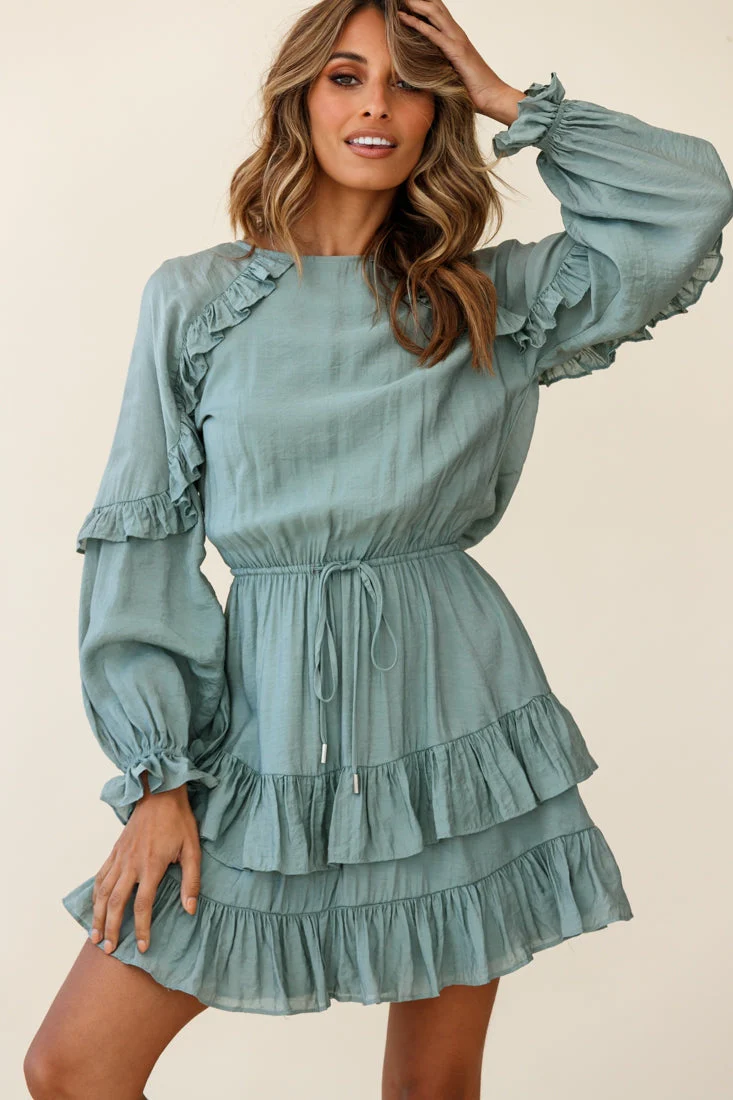 Best Wishes Long Sleeve Frill Detail Dress Olive - Image 2