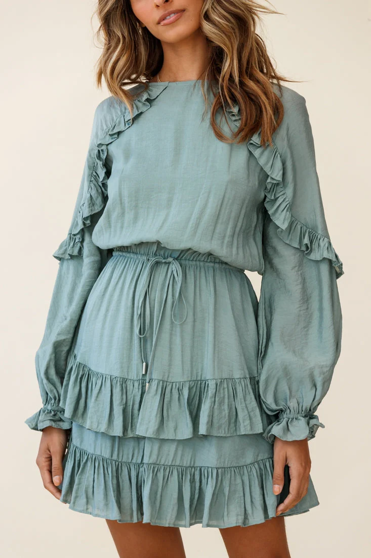 Best Wishes Long Sleeve Frill Detail Dress Olive - Image 3