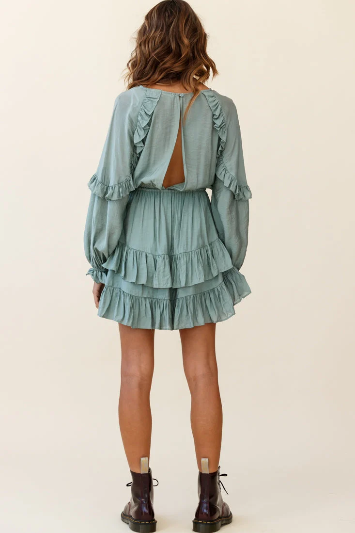 Best Wishes Long Sleeve Frill Detail Dress Olive - Image 4