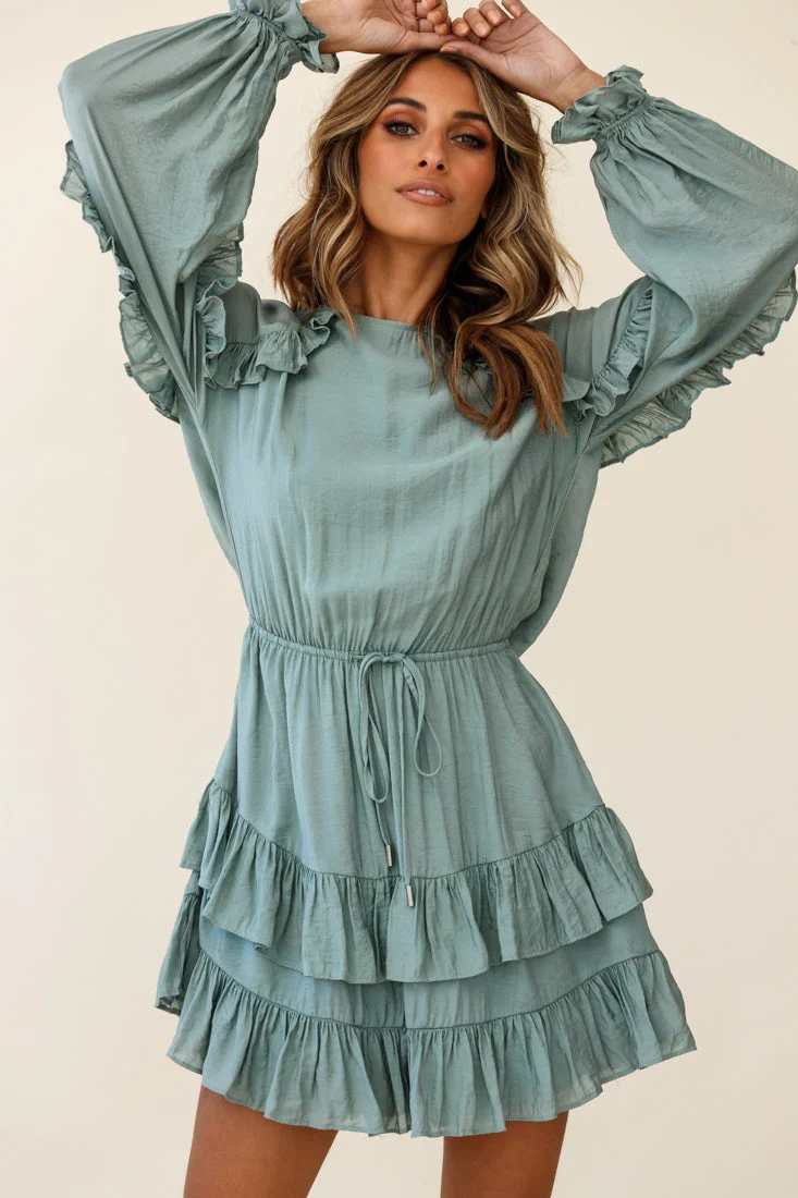 Best Wishes Long Sleeve Frill Detail Dress Olive - Image 5