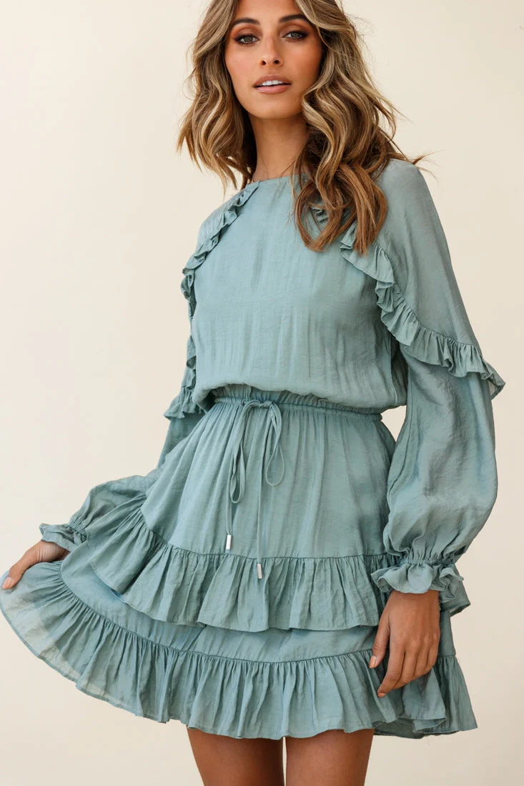 Best Wishes Long Sleeve Frill Detail Dress Olive - Image 6