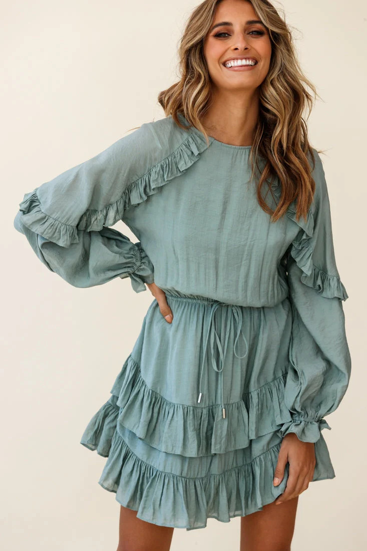 Best Wishes Long Sleeve Frill Detail Dress Olive - Image 7