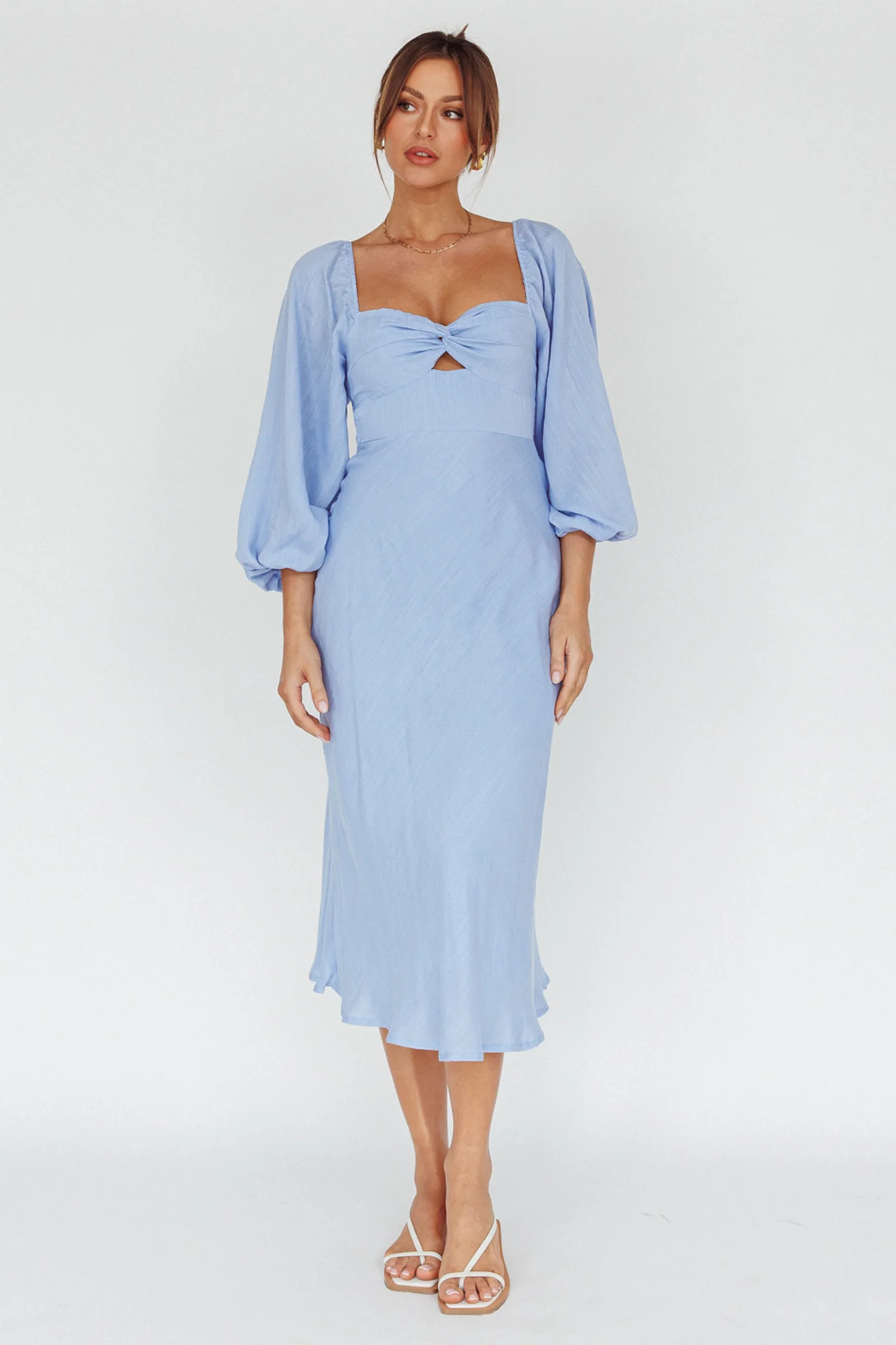 Betina Twist Bust Long Sleeve Midi Dress Blue - Image 3