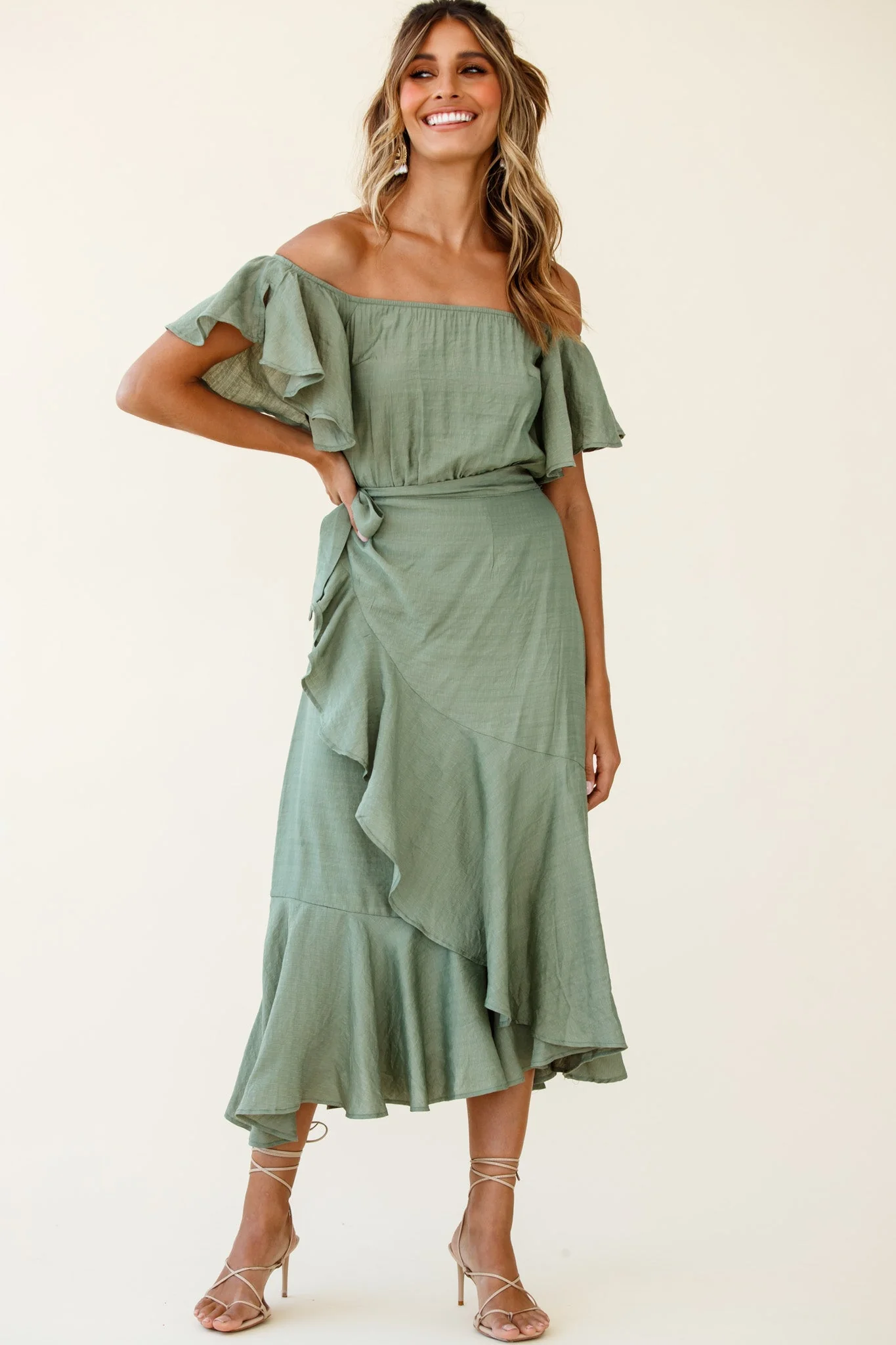 Bettina Bardot Neckline Faux-Wrap Midi Dress Olive - Image 3