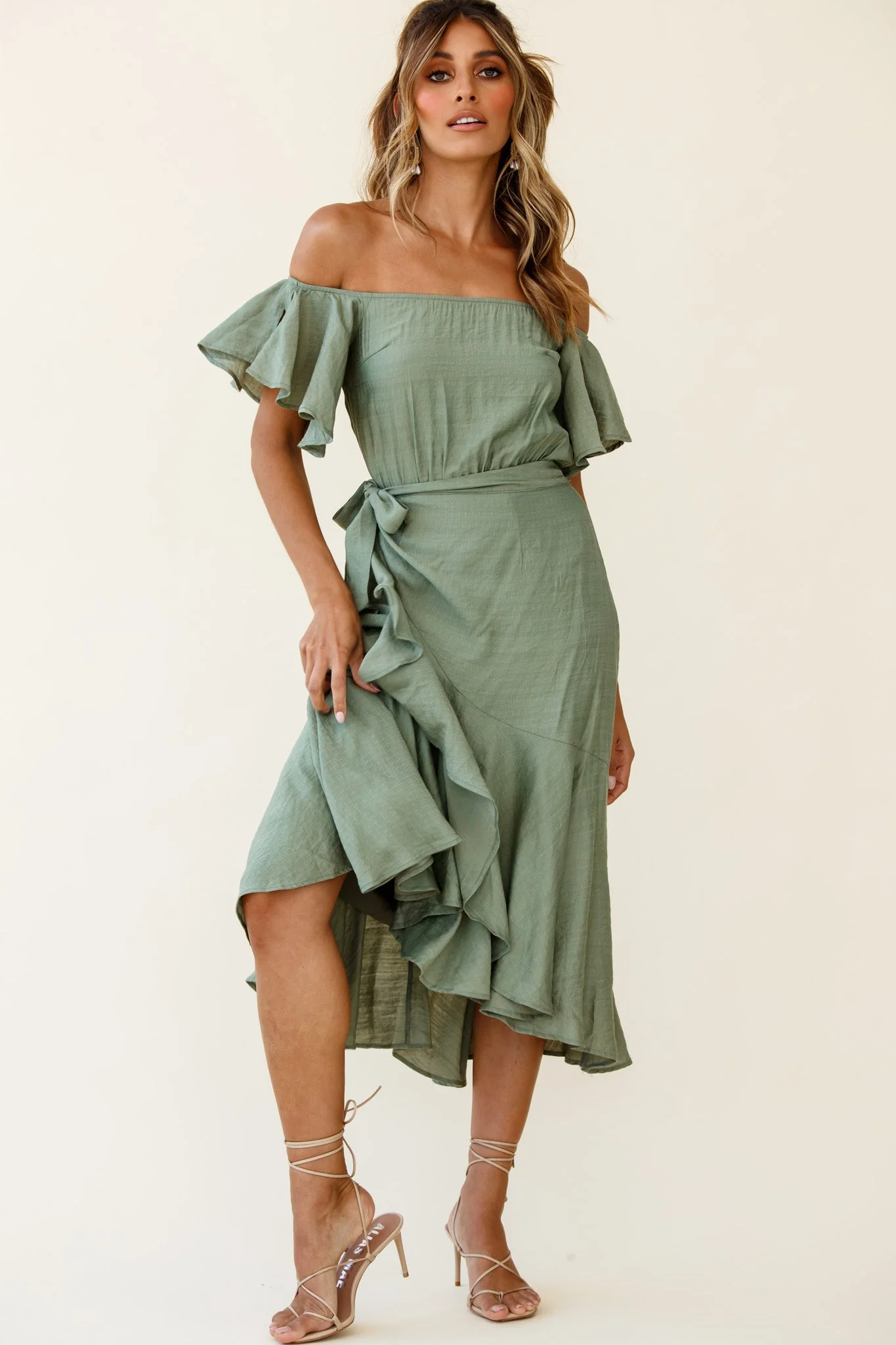 Bettina Bardot Neckline Faux-Wrap Midi Dress Olive - Image 4