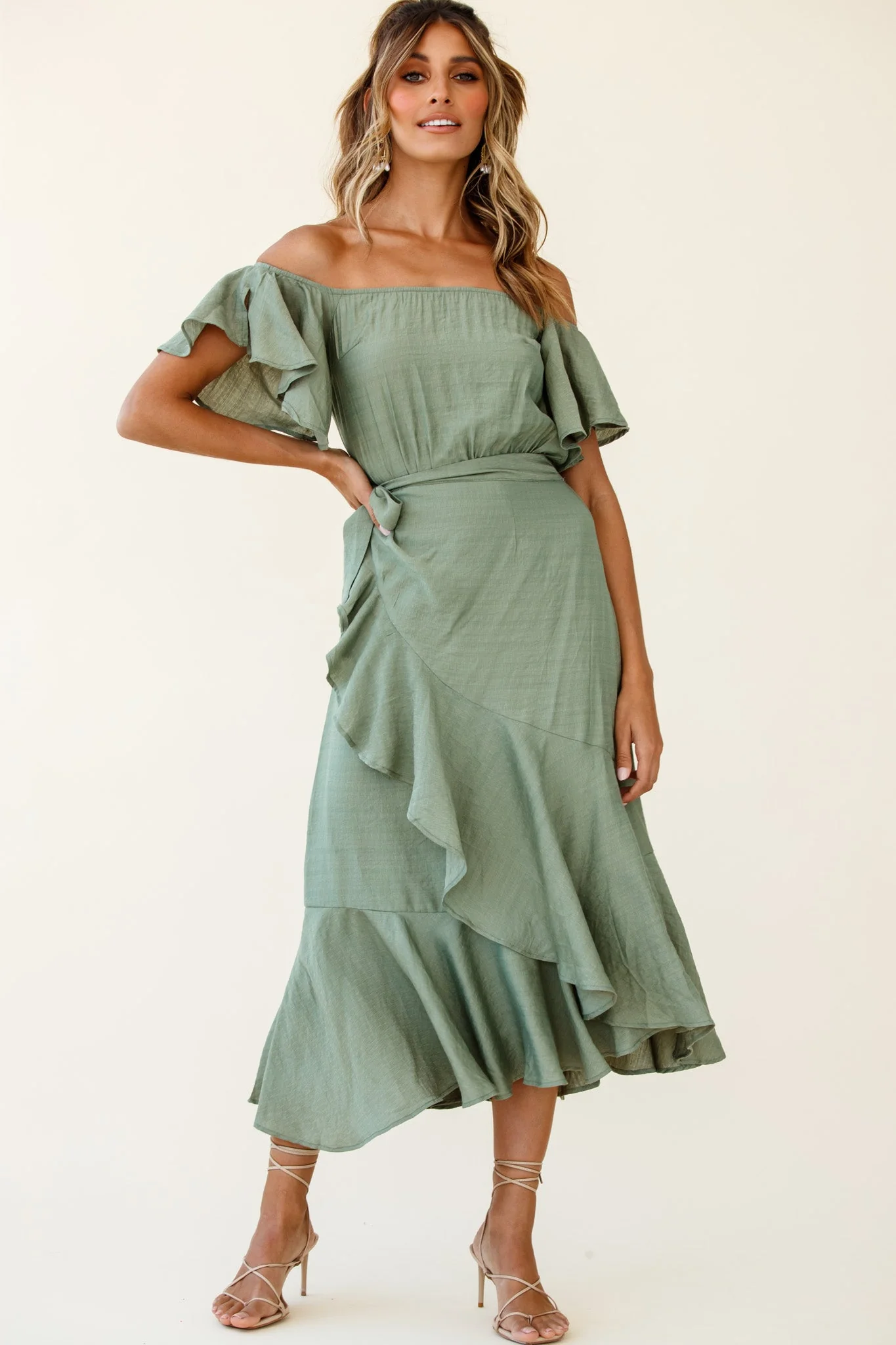 Bettina Bardot Neckline Faux-Wrap Midi Dress Olive - Image 6