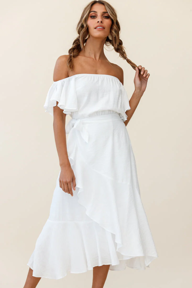 Bettina Bardot Neckline Faux-Wrap Midi Dress White - Image 5