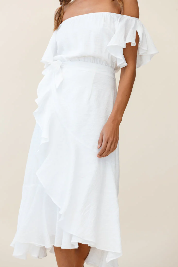 Bettina Bardot Neckline Faux-Wrap Midi Dress White - Image 6