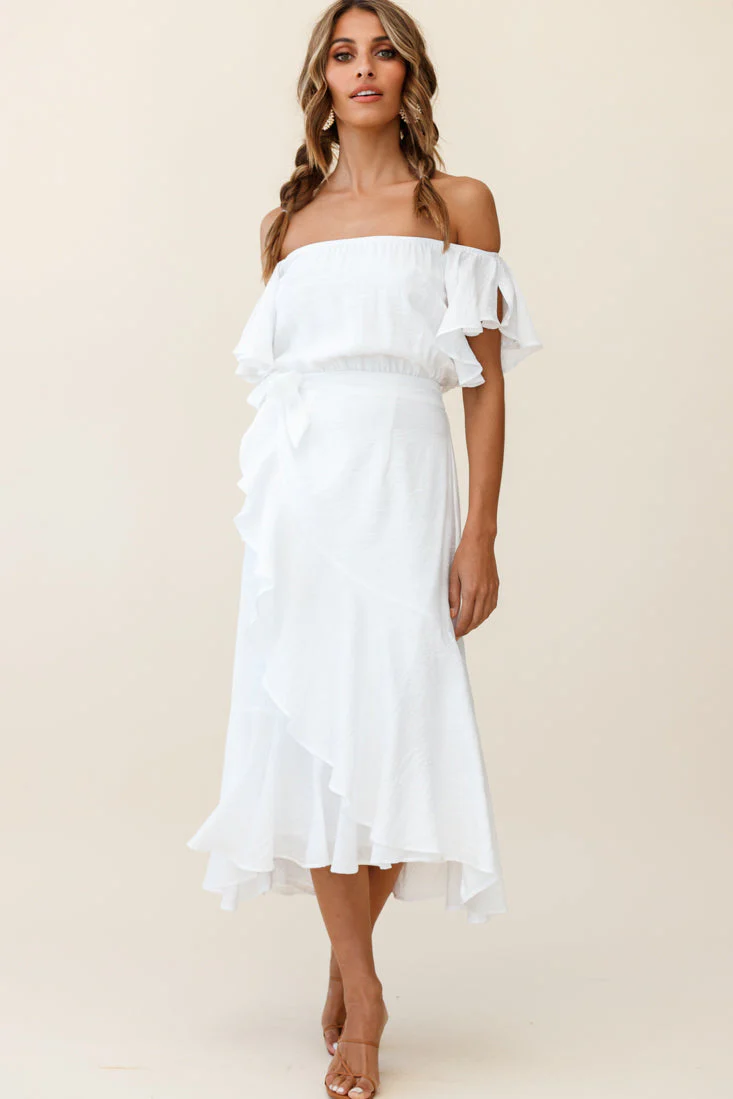 Bettina Bardot Neckline Faux-Wrap Midi Dress White - Image 7