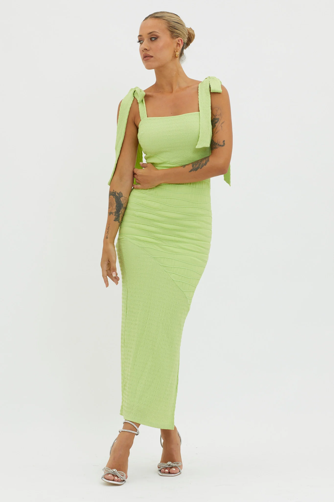 Bindi Puckered Tied Strap Dress Green - Image 3