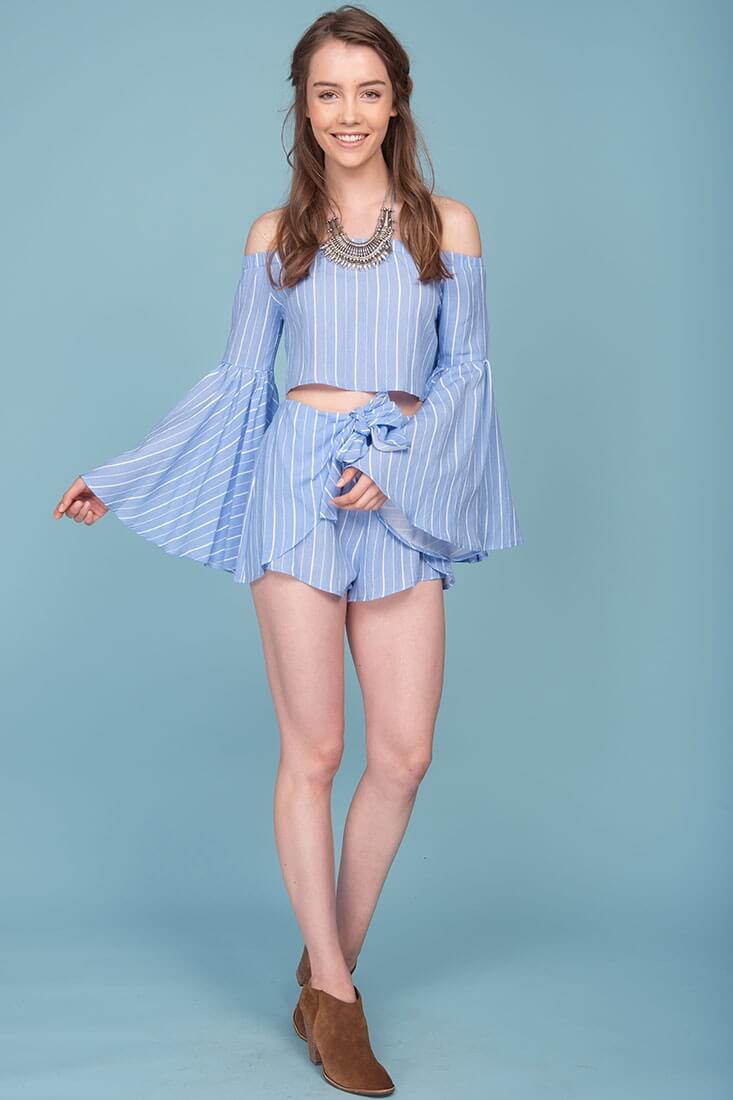 Blaine Bell Sleeve Off The Shoulder Pinstripe Top Blue - Image 4
