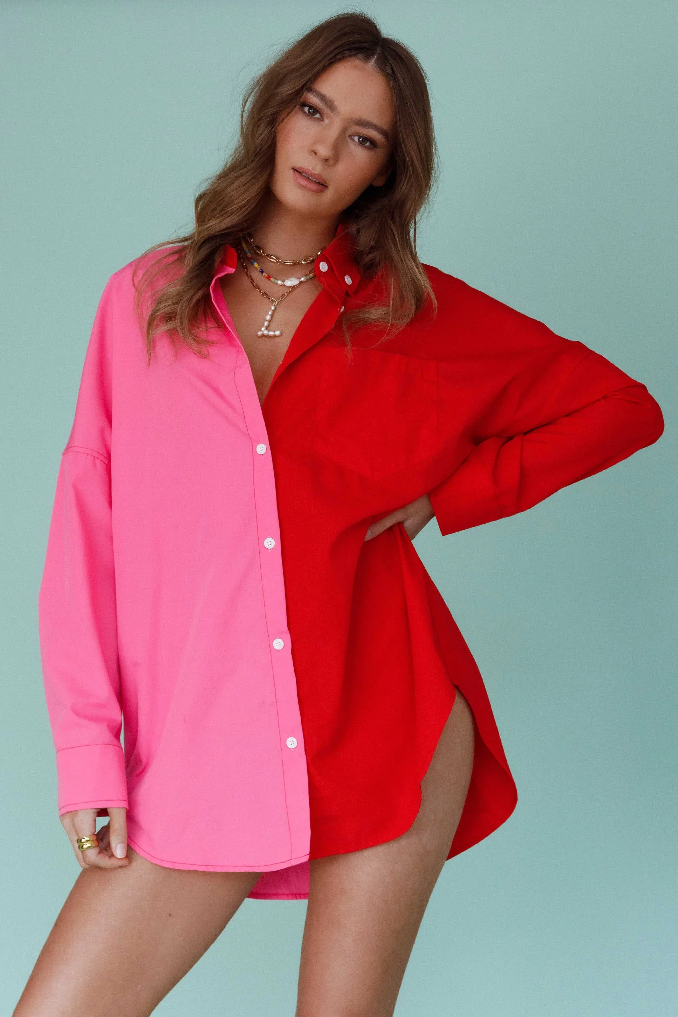 Blanca Long Sleeve Button-Up Shirt Pink/Red - Image 4