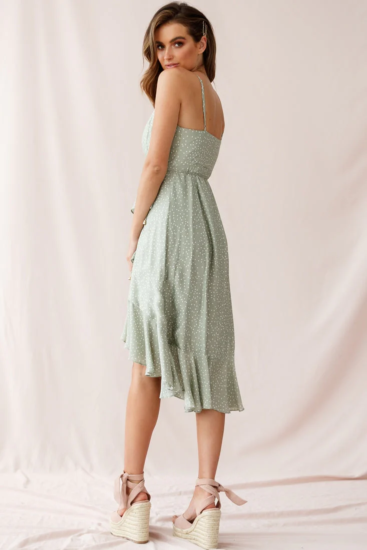 Blessed Wrap Ruffle Hem Midi Dress Dot Print Olive - Image 3
