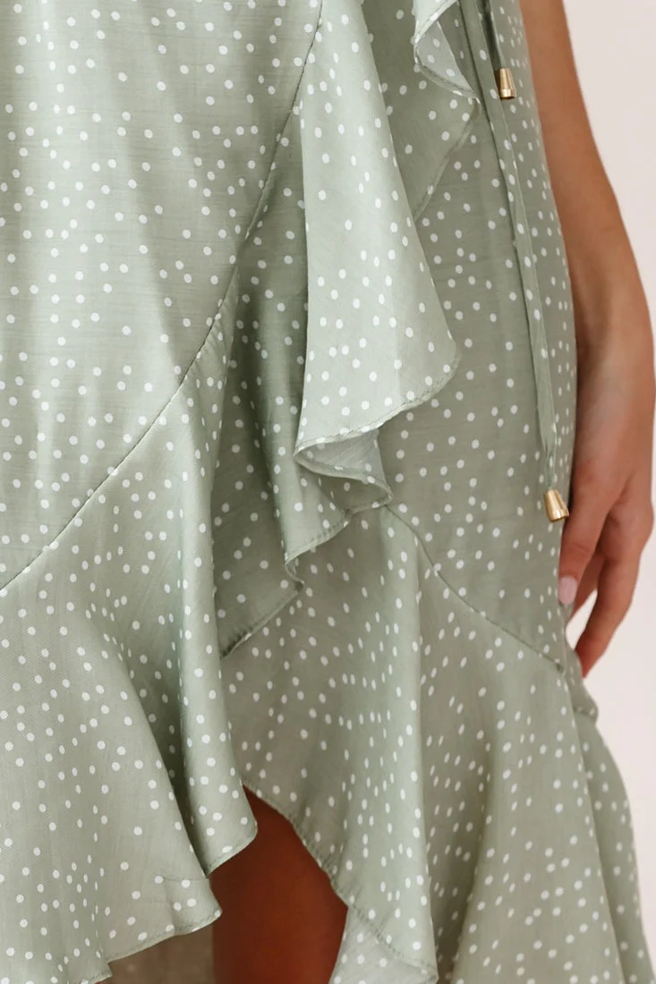 Blessed Wrap Ruffle Hem Midi Dress Dot Print Olive - Image 4