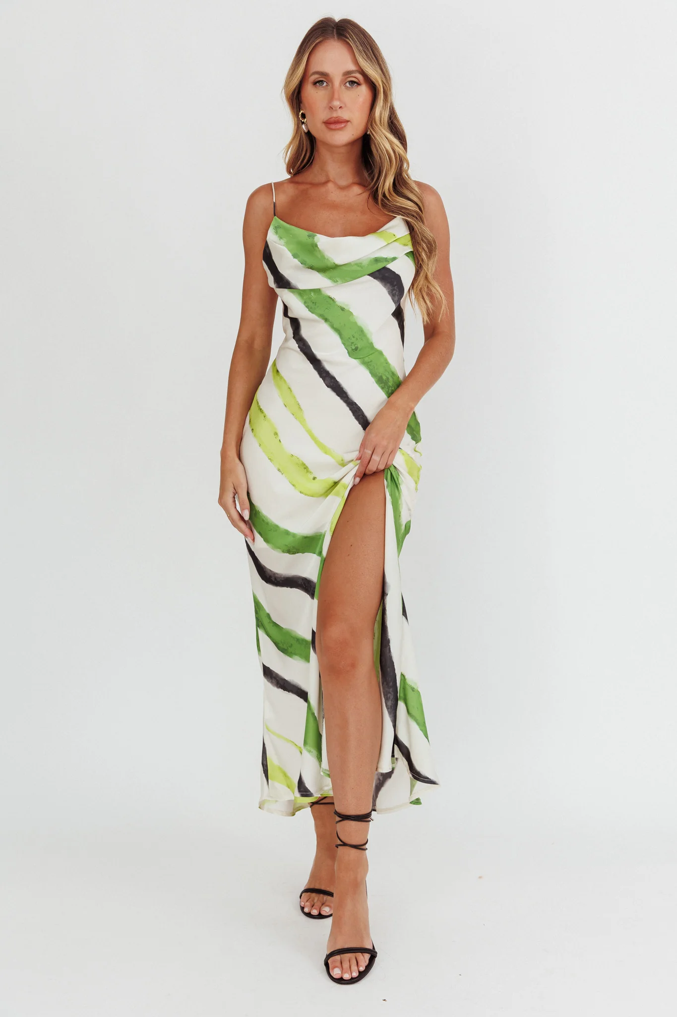 Blondine Cowl Bust Split Maxi Dress Green - Image 5