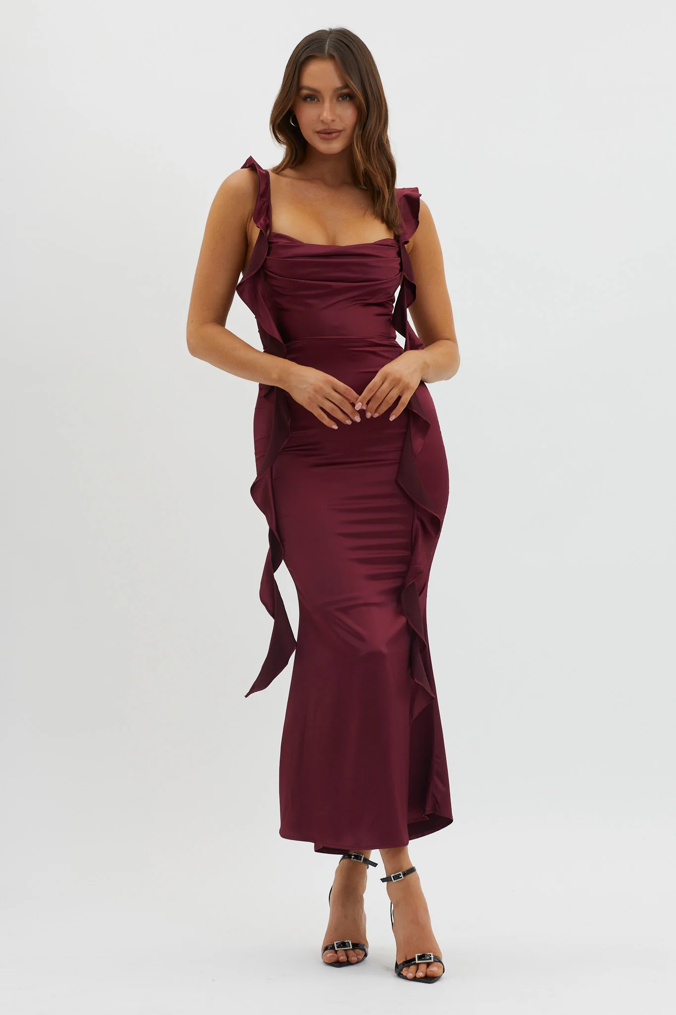 Blushing Ruffle Trim Midi Dress Wine - Image 5