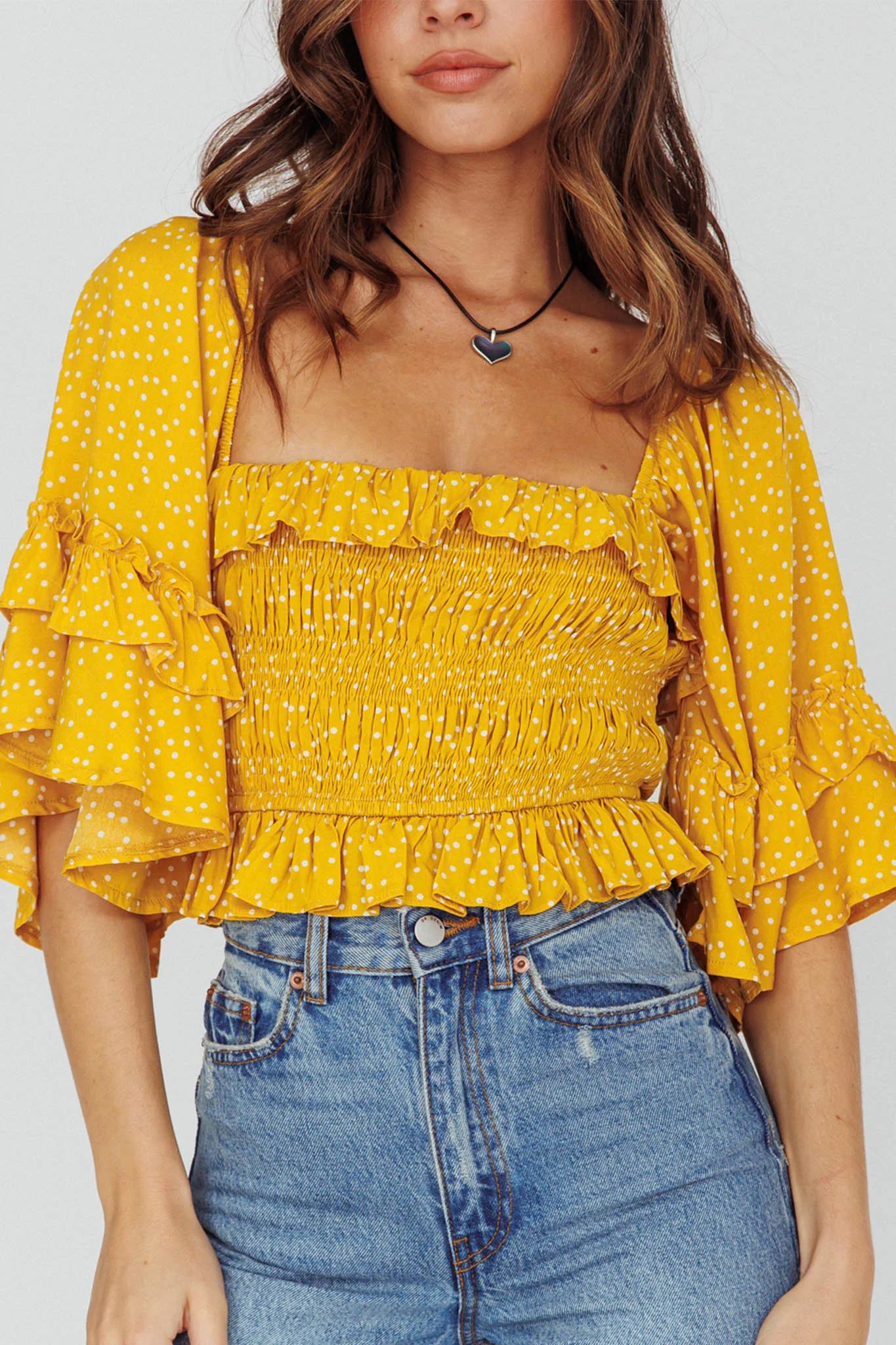 Boardwalk Bell Sleeve Crop Top Spotty Mustard - Image 4