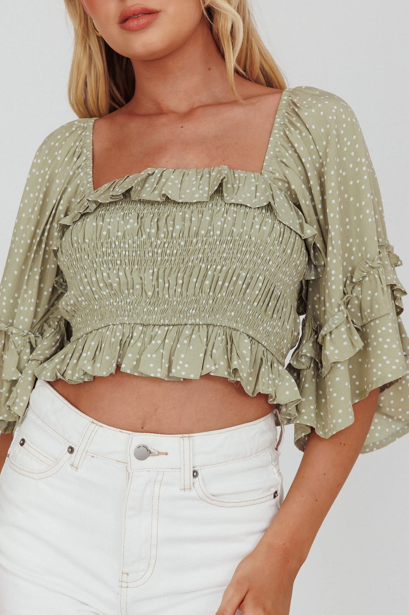 Boardwalk Bell Sleeve Crop Top Spotty Sage - Image 4