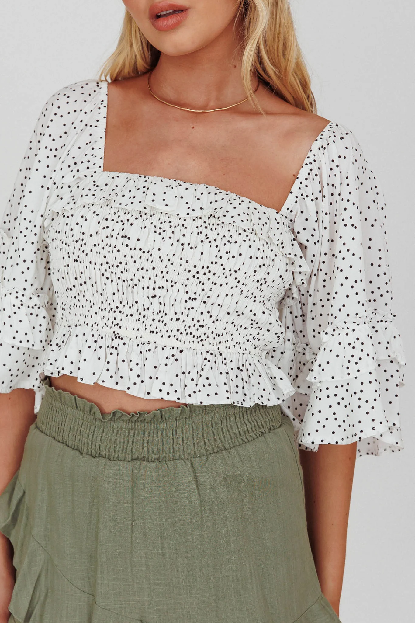 Boardwalk Bell Sleeve Crop Top Spotty White - Image 4