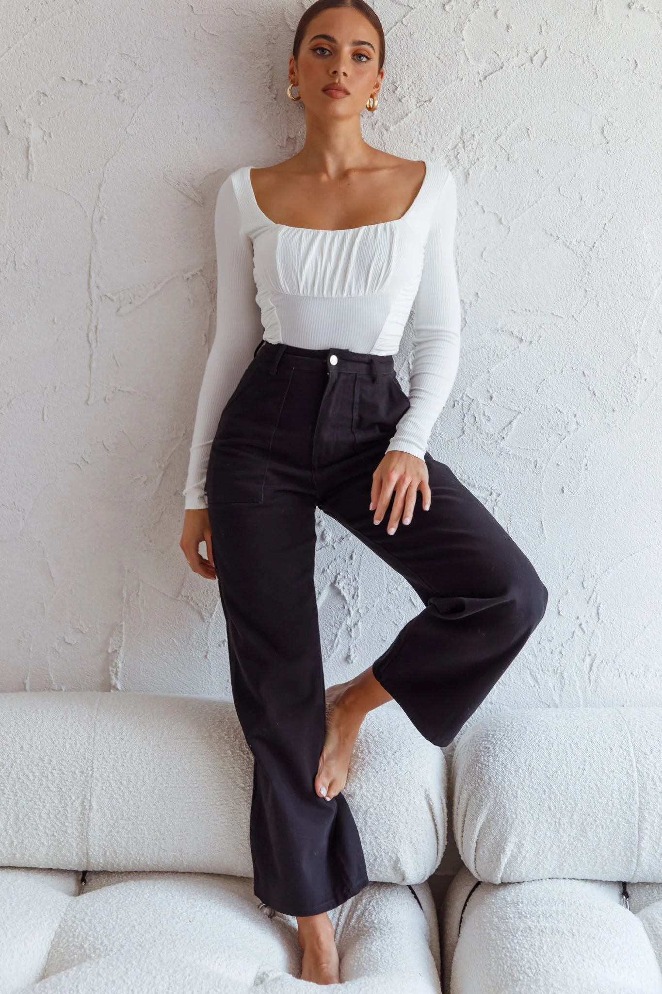 Bobbi Long Sleeve Ruched Side Ribbed Bodysuit White - Image 3