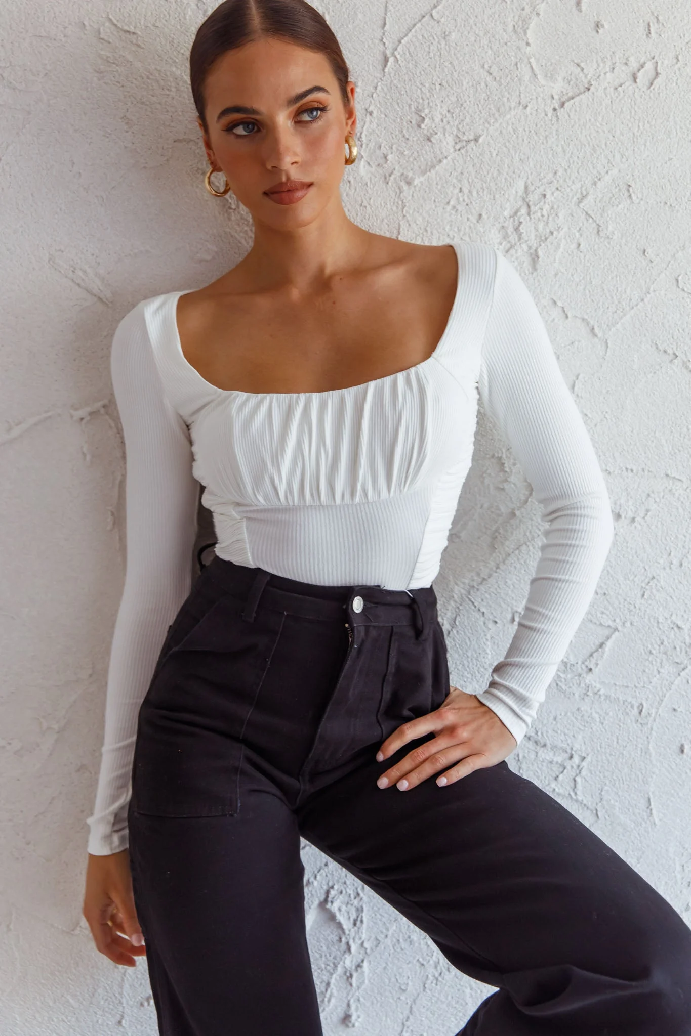 Bobbi Long Sleeve Ruched Side Ribbed Bodysuit White - Image 4