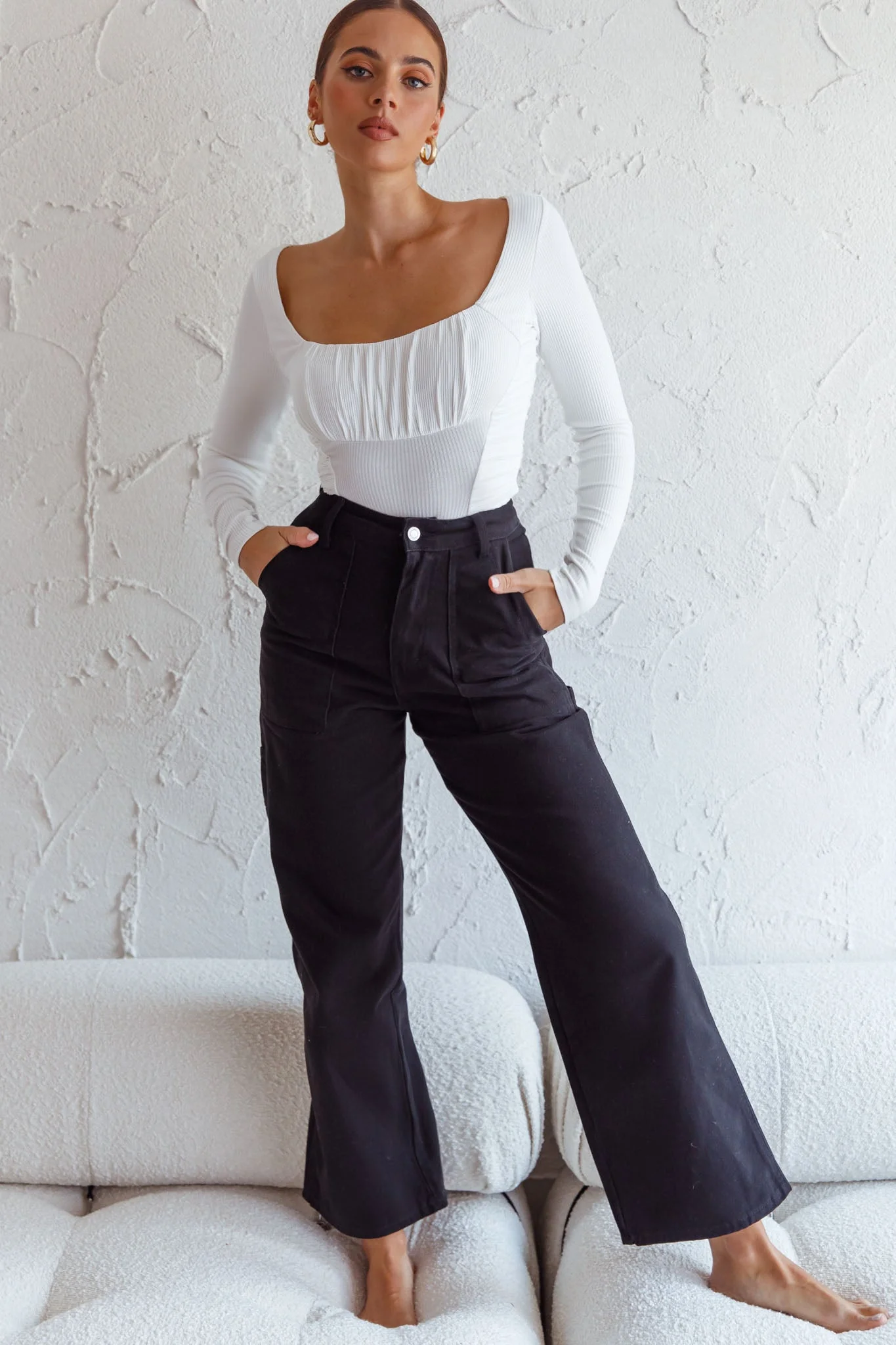 Bobbi Long Sleeve Ruched Side Ribbed Bodysuit White - Image 5