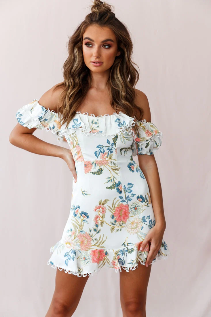 Bobby Bardot Neckline Puff Sleeve Dress Floral Print White - Image 6