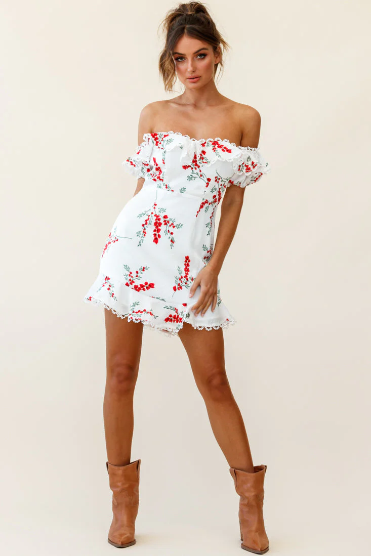 Bobby Bardot Neckline Puff Sleeve Dress Flower Spring Print White - Image 3