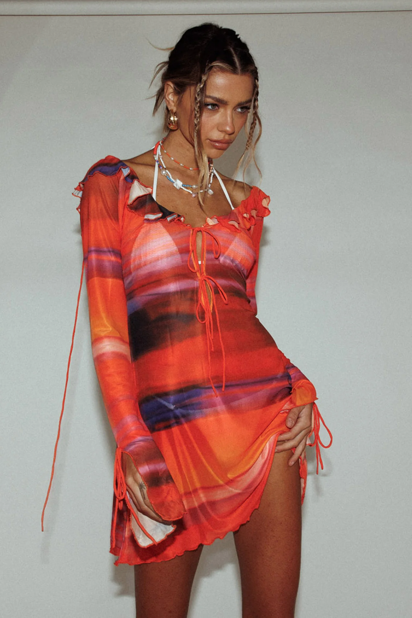 Bohemia Tied Bust Long Sleeve Dress Orange - Image 2