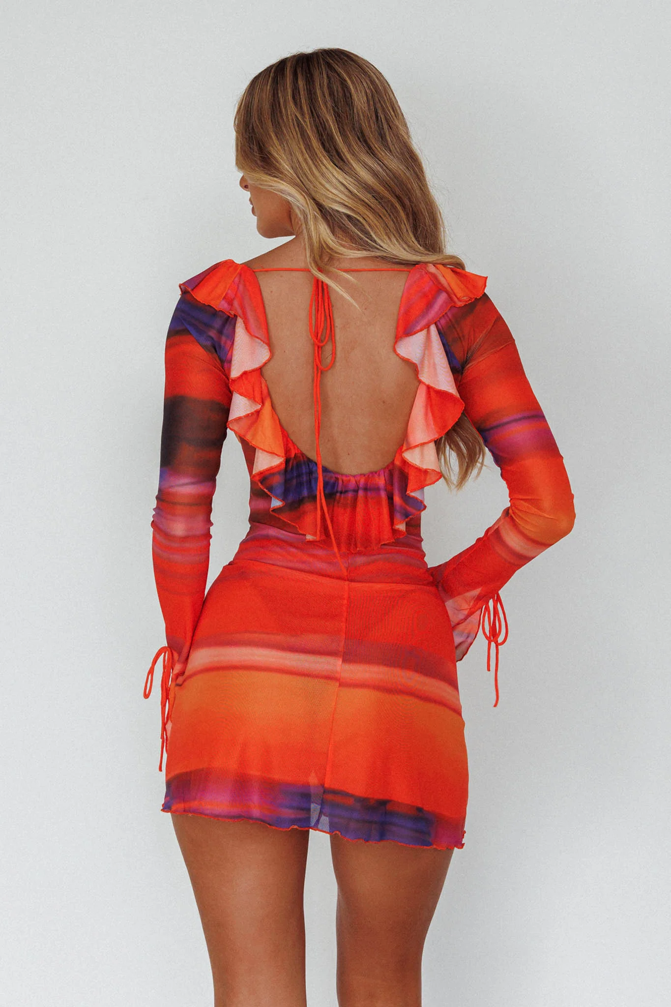 Bohemia Tied Bust Long Sleeve Dress Orange - Image 3