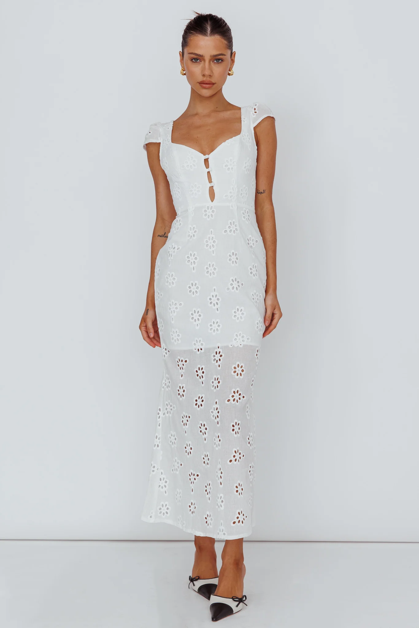 Bohemian Sun Cap Sleeve Eyelet Midi Dress White - Image 5