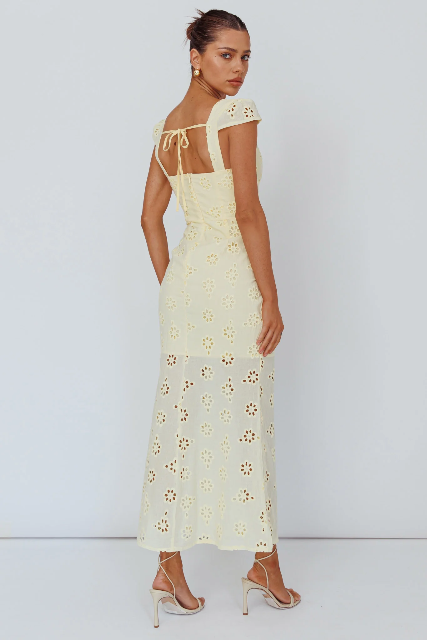 Bohemian Sun Cap Sleeve Eyelet Midi Dress Yellow - Image 2