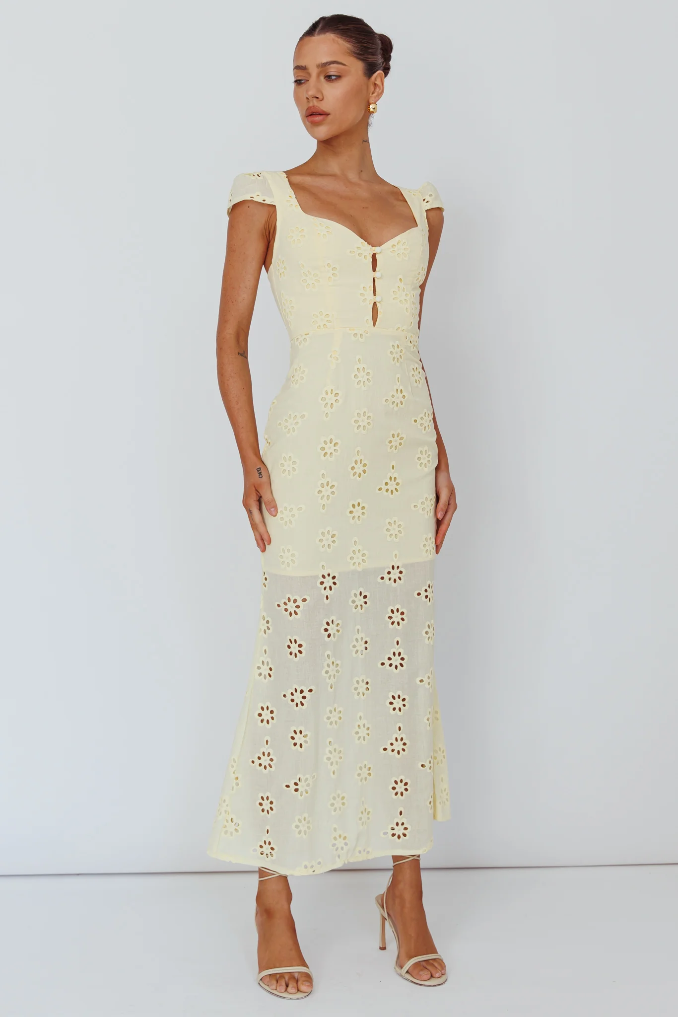 Bohemian Sun Cap Sleeve Eyelet Midi Dress Yellow - Image 3