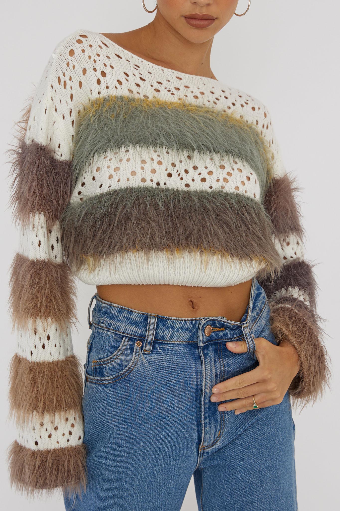 Borealis Fur Trim Knit Sweater Brown - Image 2