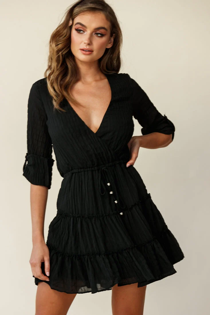 Bostyn Adjustable Sleeve Drawstring Waist Dress Black - Image 4