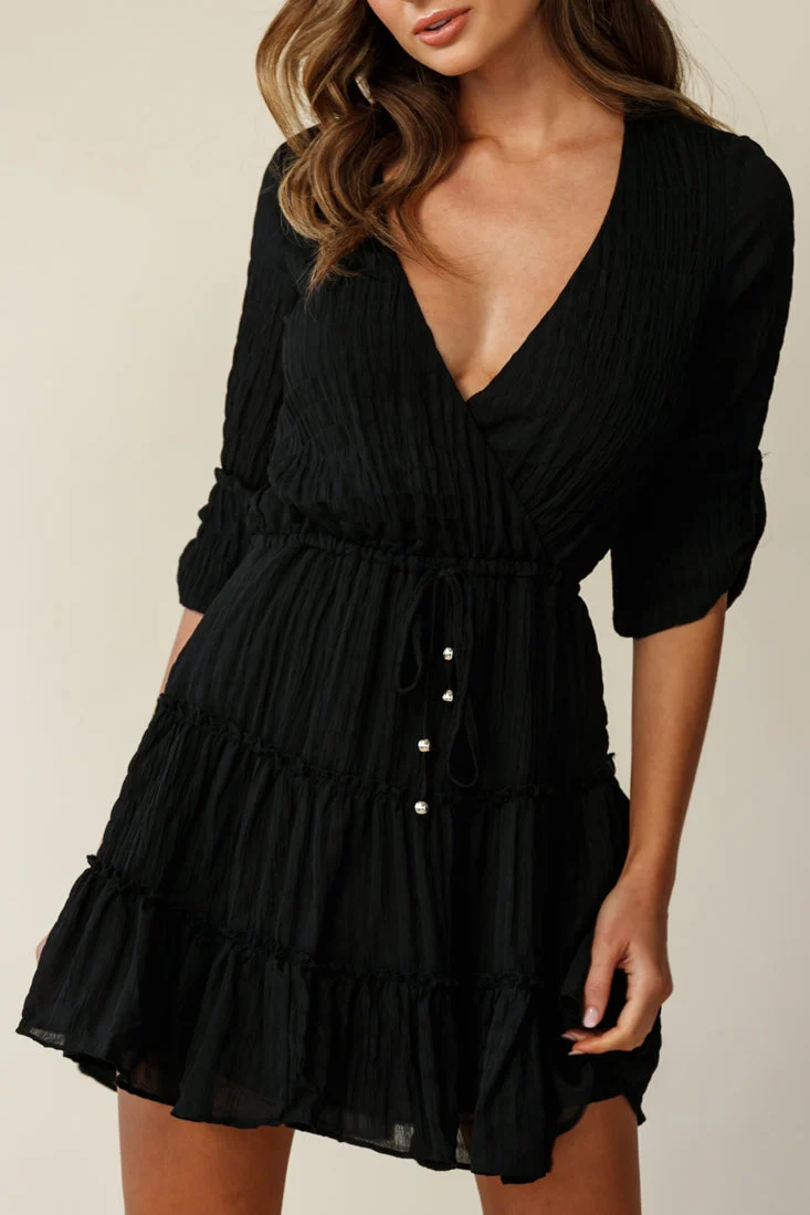 Bostyn Adjustable Sleeve Drawstring Waist Dress Black - Image 7
