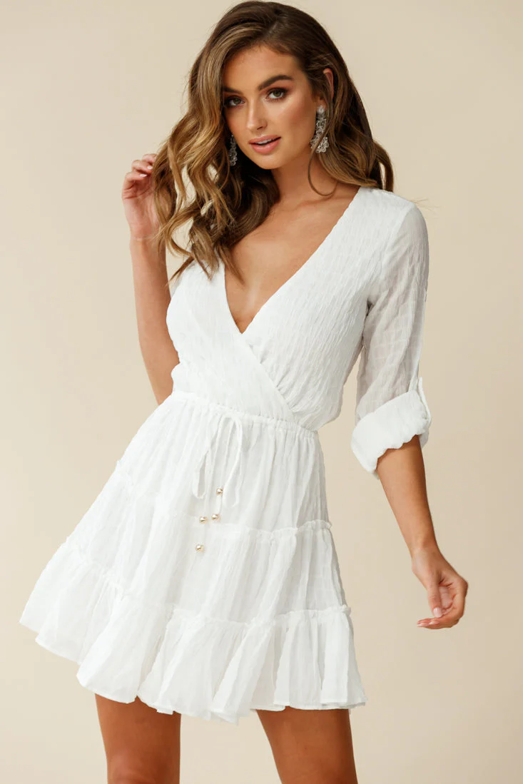 Bostyn Adjustable Sleeve Drawstring Waist Dress White - Image 2
