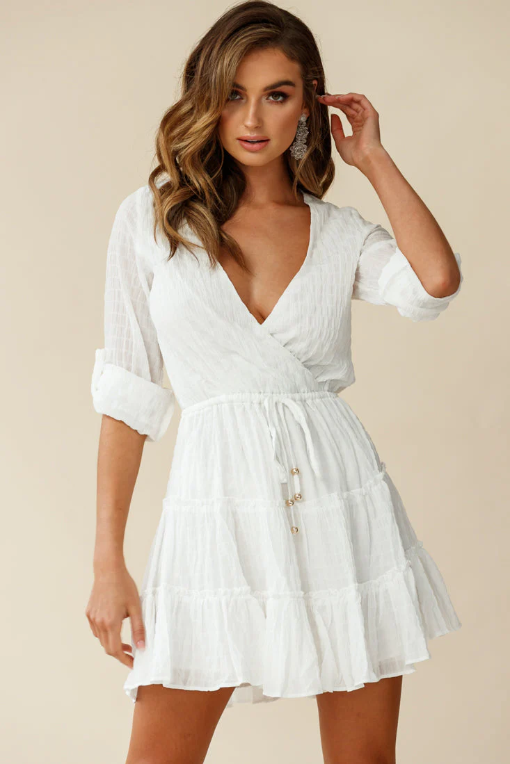 Bostyn Adjustable Sleeve Drawstring Waist Dress White - Image 5