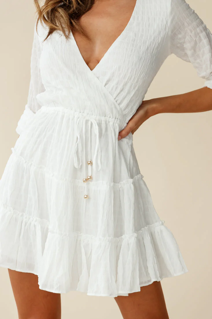Bostyn Adjustable Sleeve Drawstring Waist Dress White - Image 6