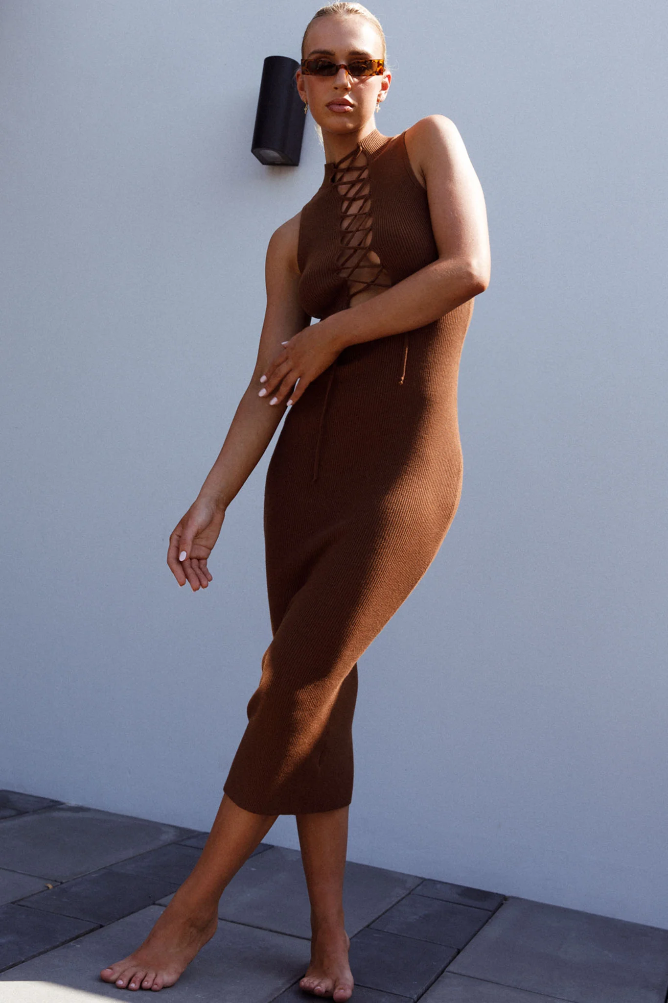 Brand New Day Lace-Up Bust Knit Midi Dress Chocolate - Image 9