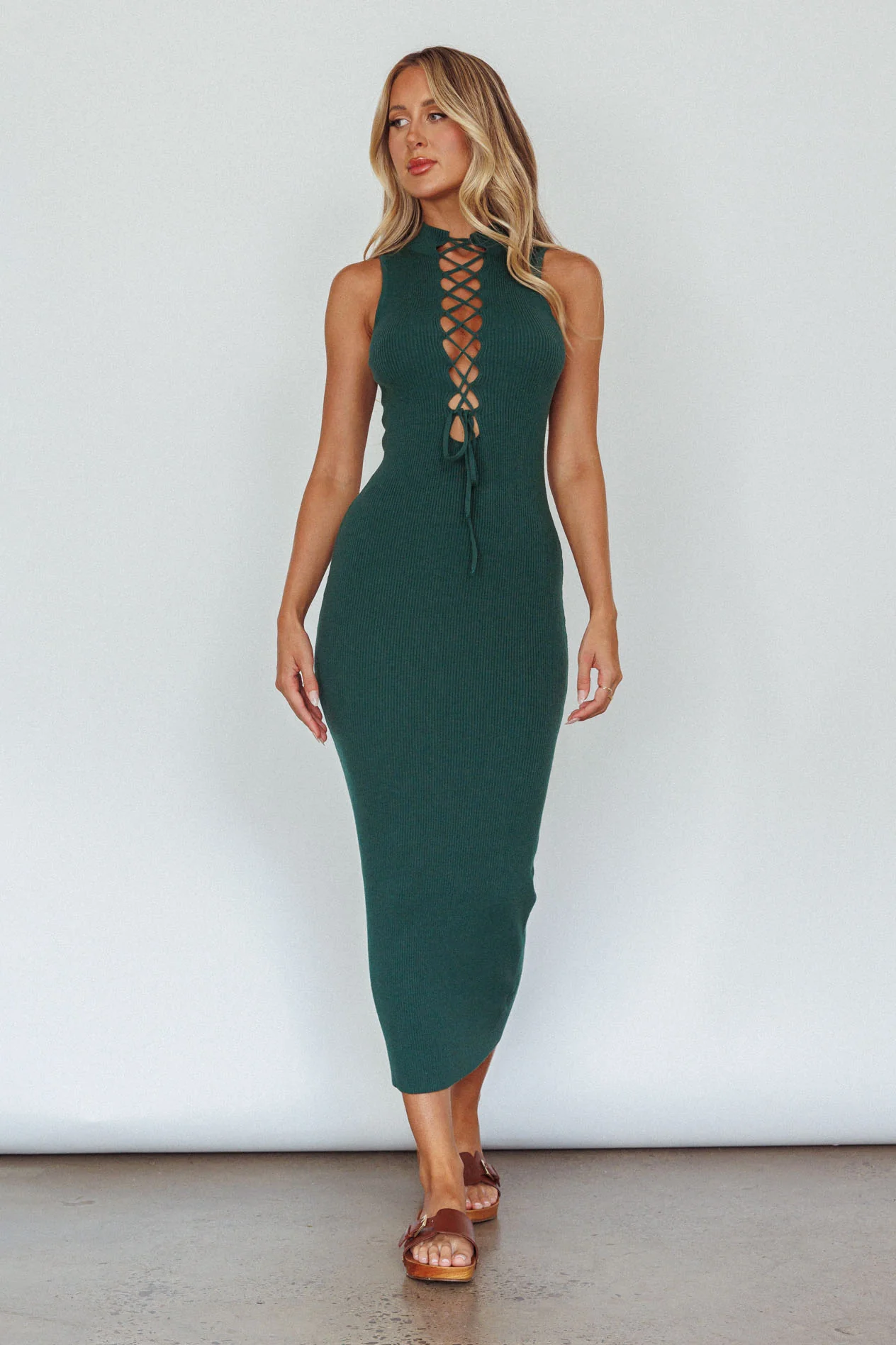 Brand New Day Lace-Up Bust Knit Midi Dress Emerald - Image 4