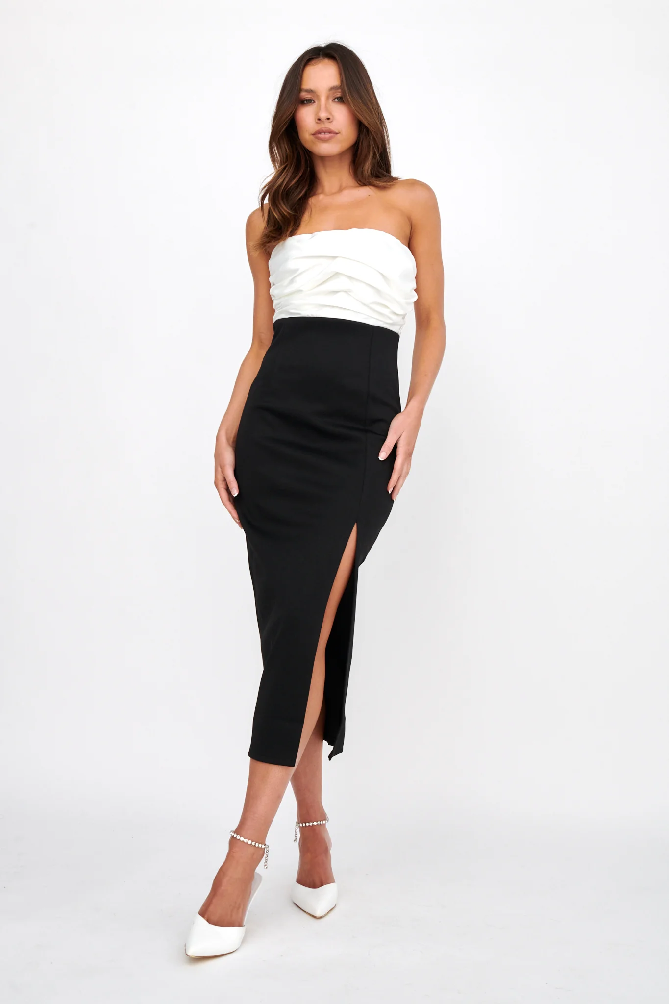 Brandi Strapless Split Midi Dress White/Black - Image 2