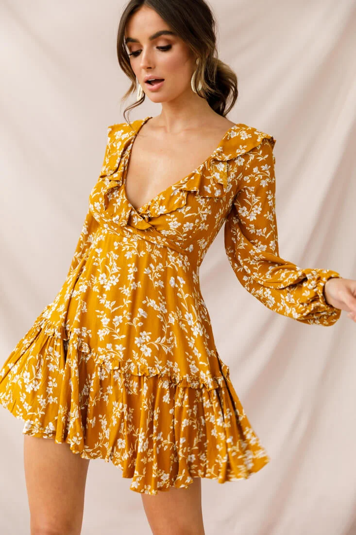 Brentwood Lace Up Babydoll Dress Mustard - Image 3
