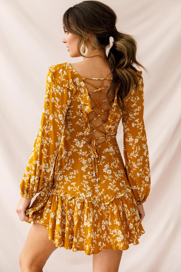 Brentwood Lace Up Babydoll Dress Mustard - Image 4
