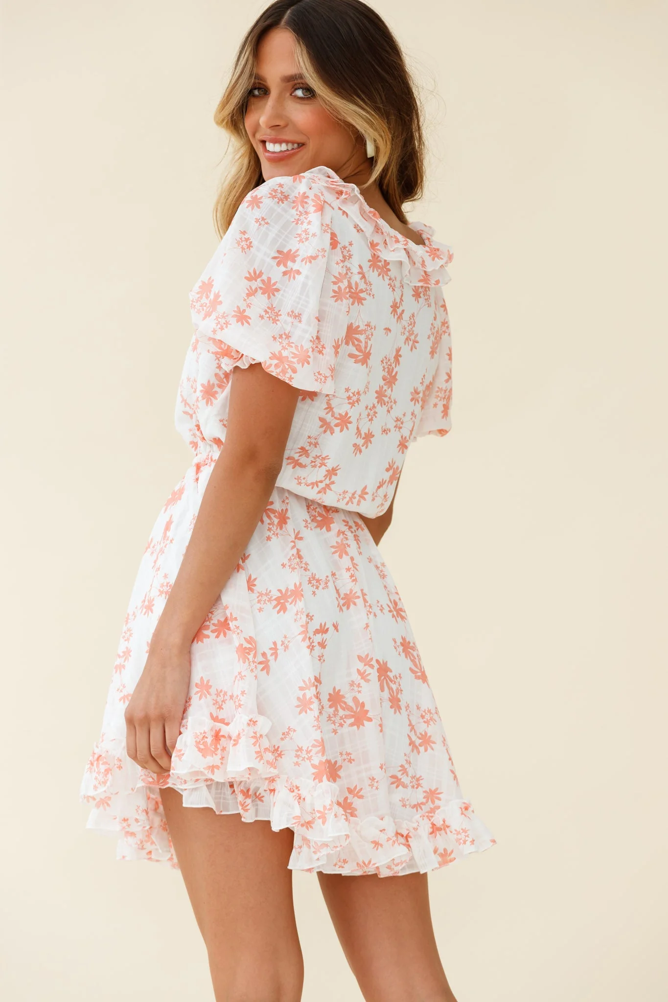 Brianna Puff Sleeve Drawstring Waist Dress Floral Print Pink - Image 3