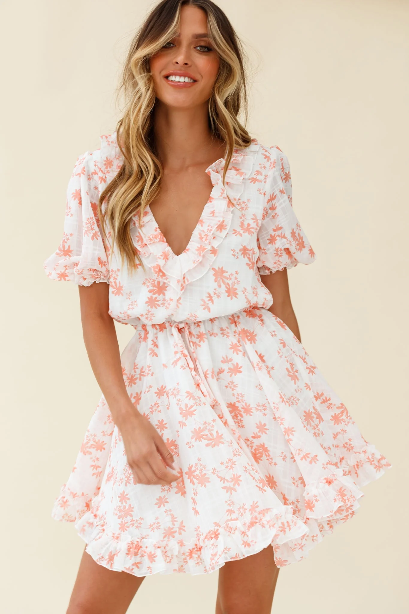 Brianna Puff Sleeve Drawstring Waist Dress Floral Print Pink - Image 4