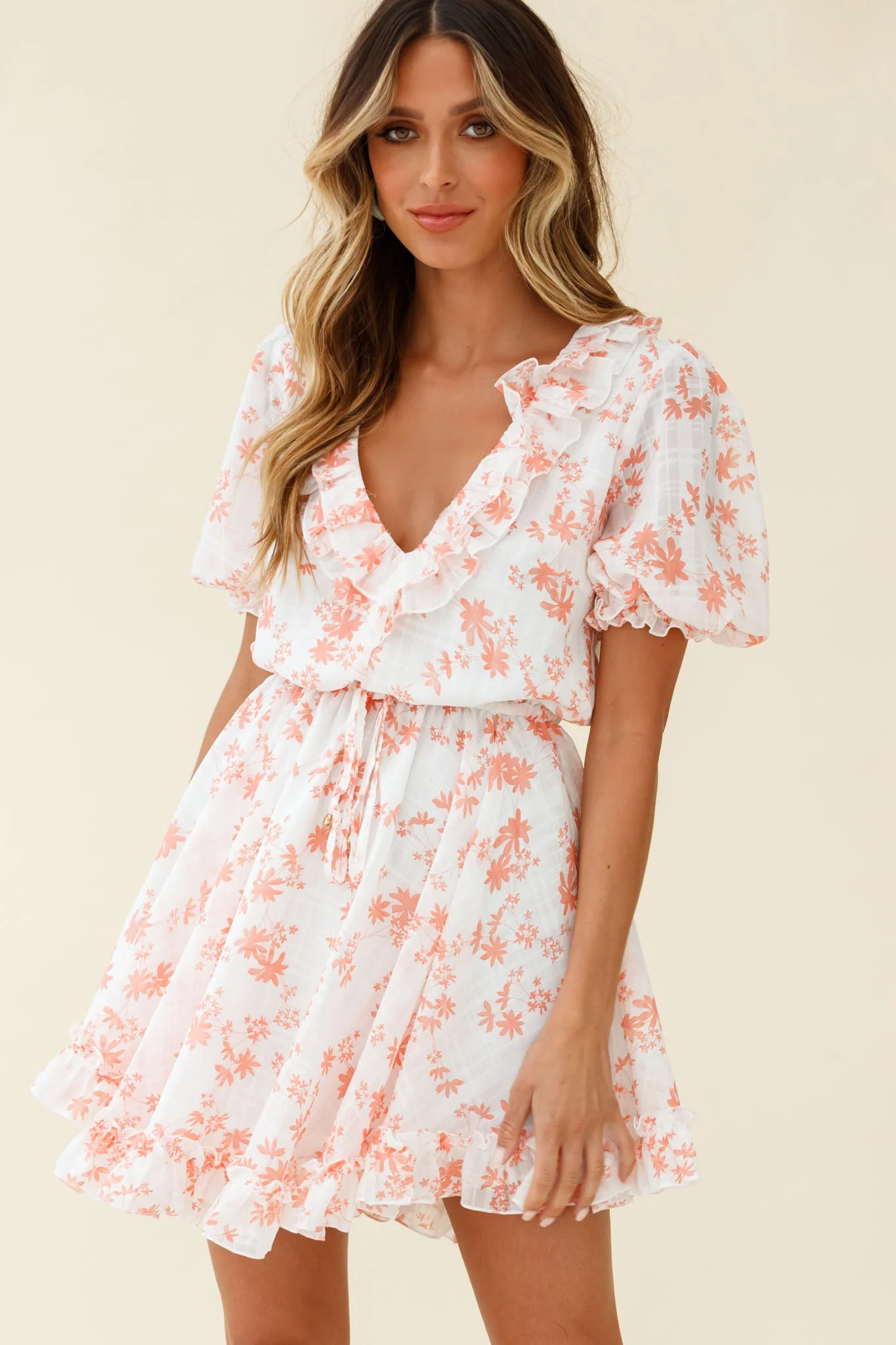 Brianna Puff Sleeve Drawstring Waist Dress Floral Print Pink - Image 7